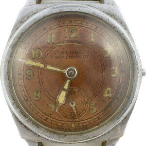 Vintage Globe Military Style Men's Mechanical Wristwatch Swiss w Clam Shell Case